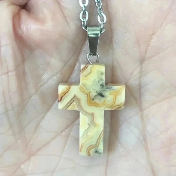 Crazy Lace Agate Cross Natural Stainless Steel Necklace NWT - Picture 2 of 4